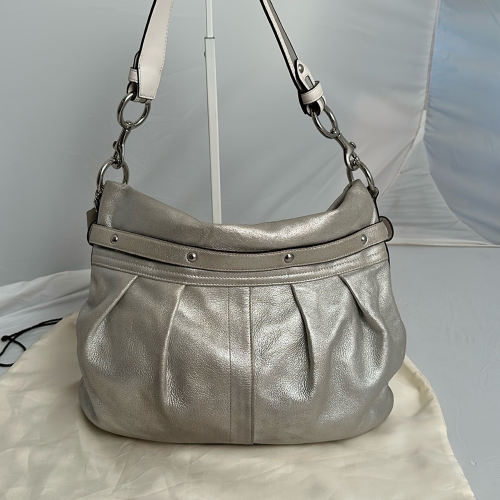 Coach silver metallic soft goat suede leather hobo bag with nickel hardware - Picture 2 of 15